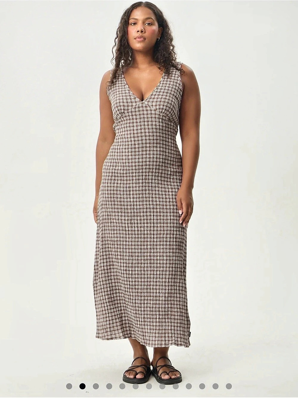 NWT AFENDS Tully Seersucker Maxi Dress Checkered Brown & White (Coffee Check)